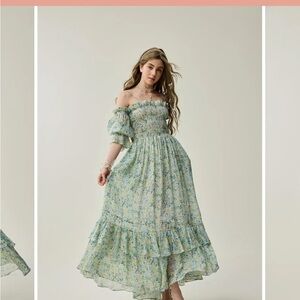 Linennaive Smocked Off-Shoulder Maxi Dress in Soft Green Floral